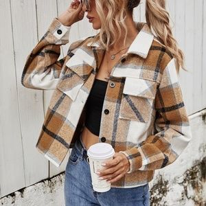 Plaid Khaki Tan pocket button up jacket shacket Oversized